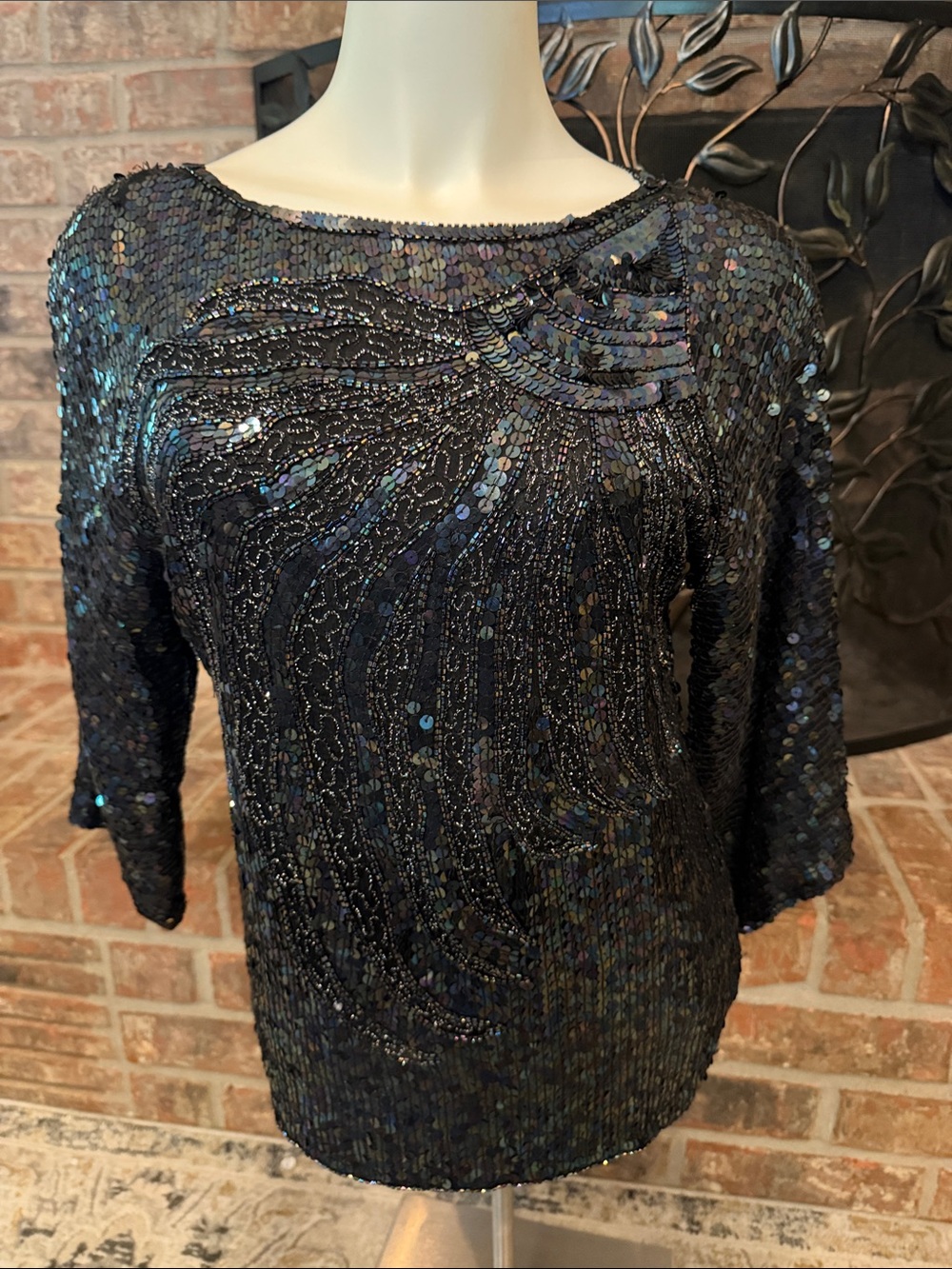 Vintage Black Iridescent Sequin Beaded Art Deco Evening Top Blouse